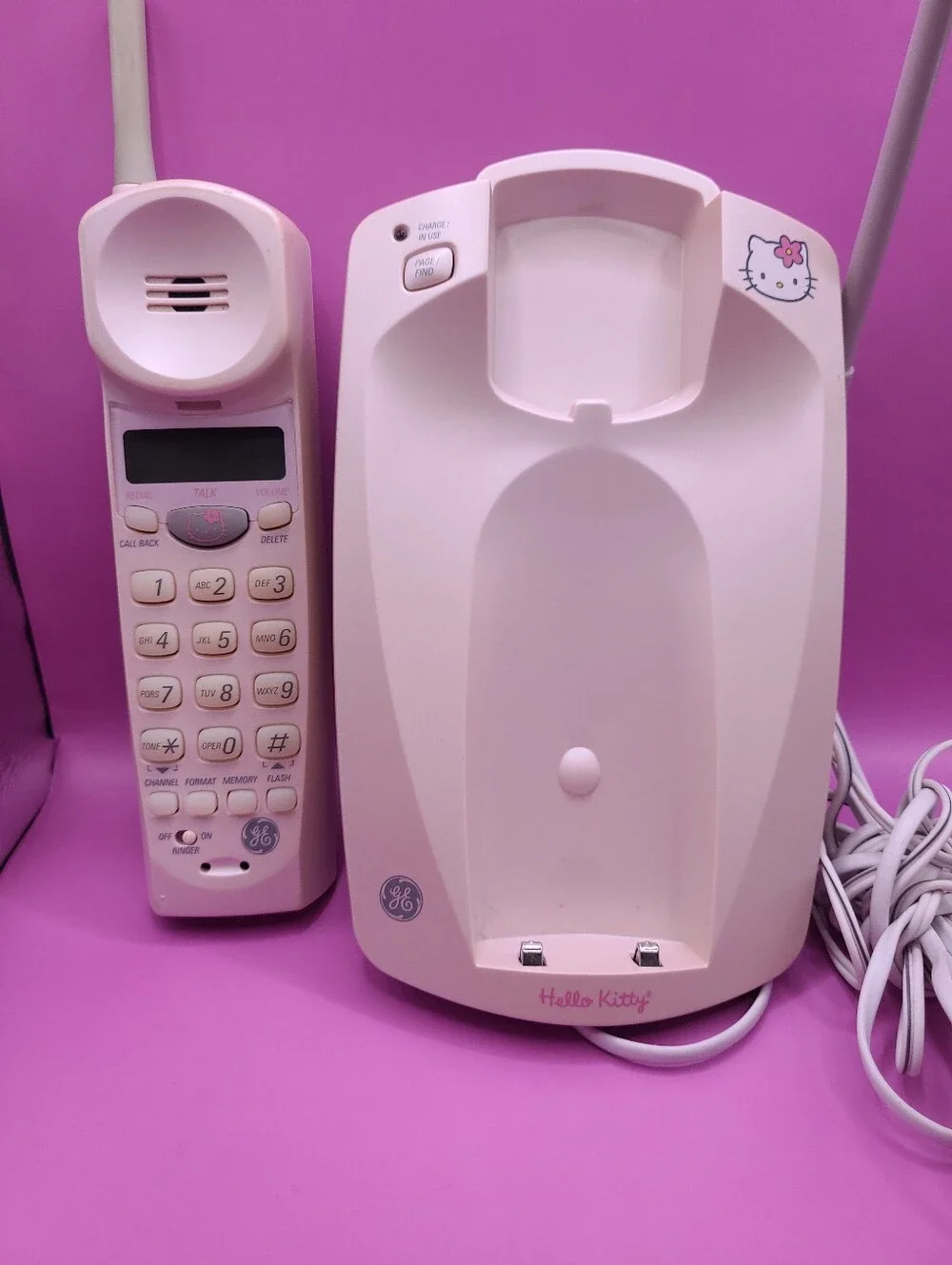 Vintage Hello Kitty Landline Cordless Phone Pink Caller ID GE 1999 Read Descript